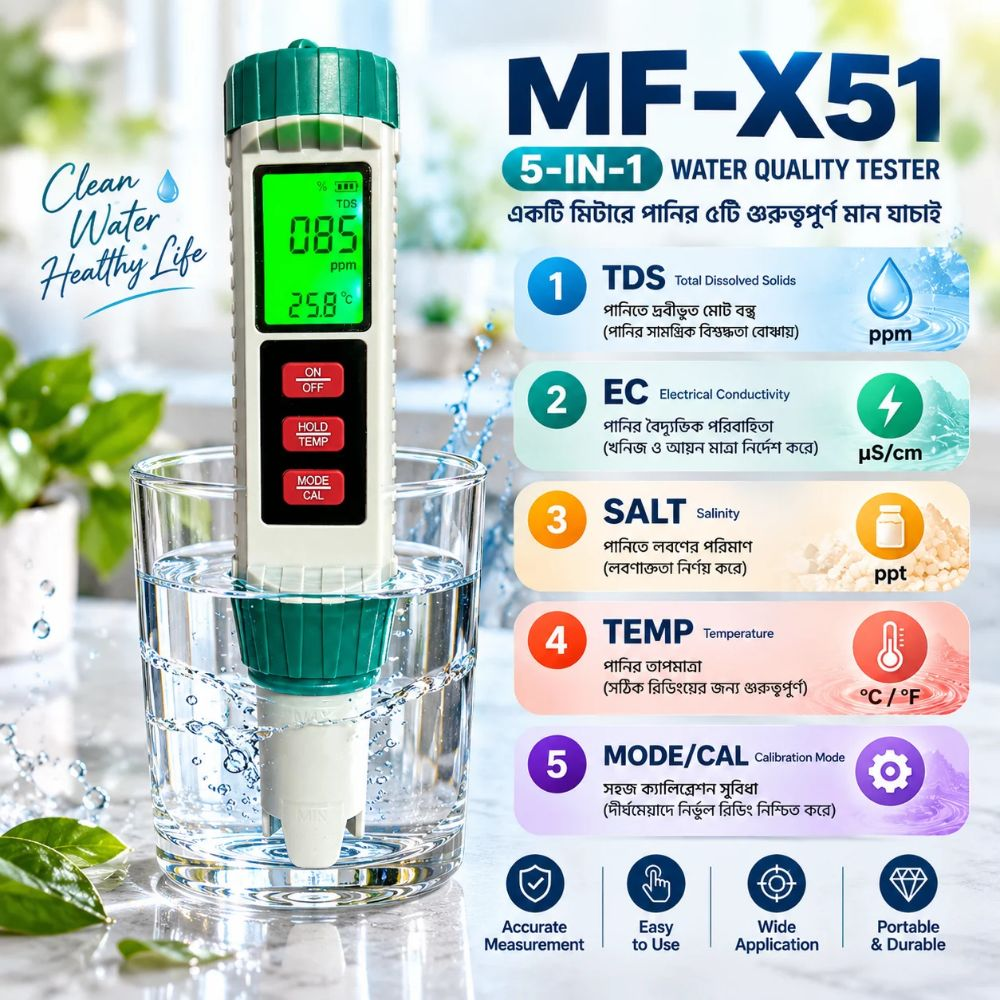 MF-X51 5-in-1 Digital Water Quality Tester – TDS, EC, Salinity & Temperature Meter